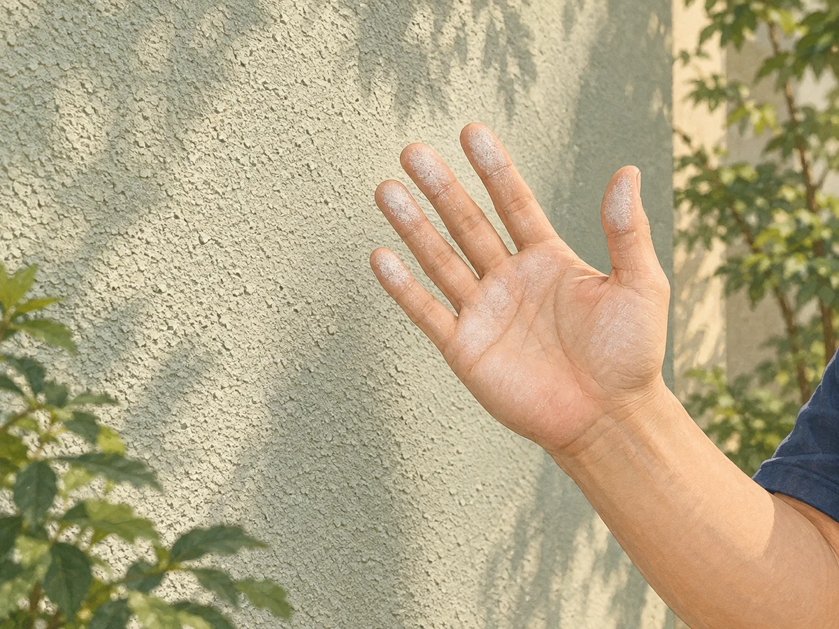 外壁のそばで、指と手のひらについた薄い白い粉を見るイメージ