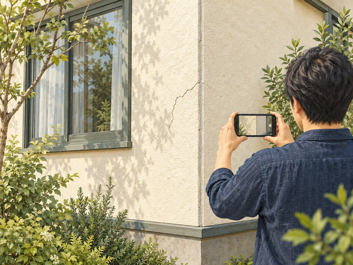 地上から外壁の変化をスマートフォンで記録する様子のイラスト